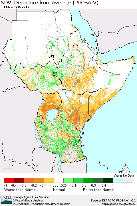 Eastern Africa NDVI Departure from Average (PROBA-V) Thematic Map For 2/1/2018 - 2/10/2018