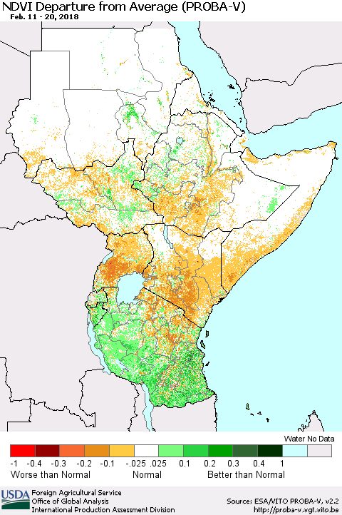 Eastern Africa NDVI Departure from Average (PROBA-V) Thematic Map For 2/11/2018 - 2/20/2018