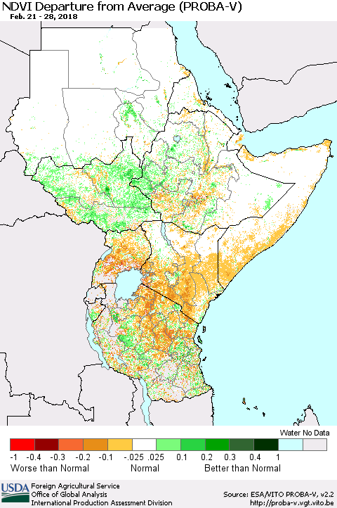 Eastern Africa NDVI Departure from Average (PROBA-V) Thematic Map For 2/21/2018 - 2/28/2018