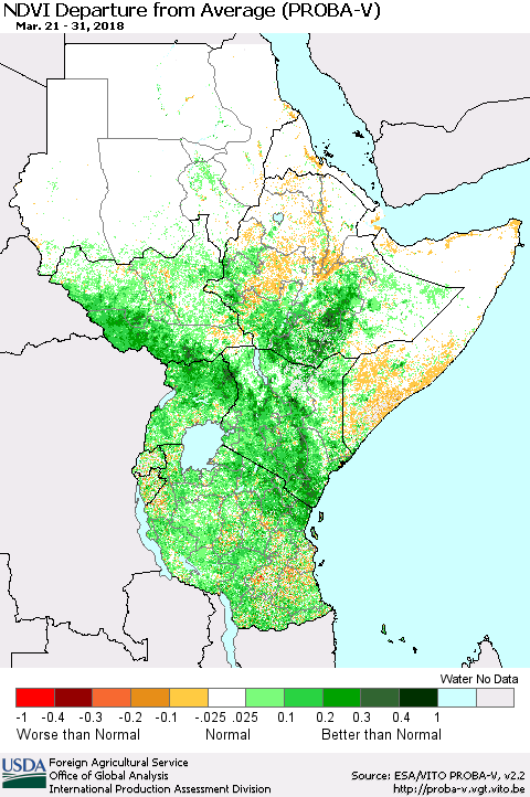 Eastern Africa NDVI Departure from Average (PROBA-V) Thematic Map For 3/21/2018 - 3/31/2018