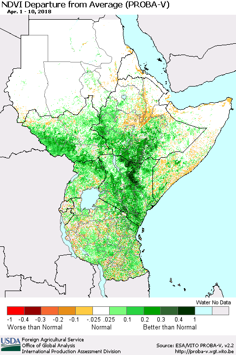 Eastern Africa NDVI Departure from Average (PROBA-V) Thematic Map For 4/1/2018 - 4/10/2018