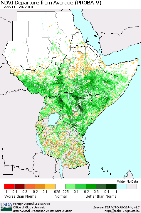 Eastern Africa NDVI Departure from Average (PROBA-V) Thematic Map For 4/11/2018 - 4/20/2018