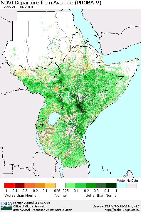 Eastern Africa NDVI Departure from Average (PROBA-V) Thematic Map For 4/21/2018 - 4/30/2018