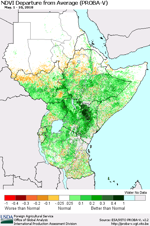 Eastern Africa NDVI Departure from Average (PROBA-V) Thematic Map For 5/1/2018 - 5/10/2018