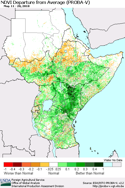 Eastern Africa NDVI Departure from Average (PROBA-V) Thematic Map For 5/11/2018 - 5/20/2018