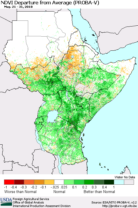 Eastern Africa NDVI Departure from Average (PROBA-V) Thematic Map For 5/21/2018 - 5/31/2018