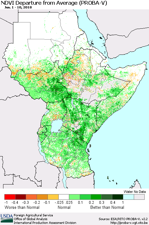 Eastern Africa NDVI Departure from Average (PROBA-V) Thematic Map For 6/1/2018 - 6/10/2018