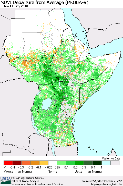 Eastern Africa NDVI Departure from Average (PROBA-V) Thematic Map For 6/11/2018 - 6/20/2018