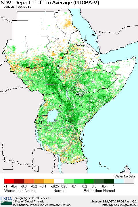 Eastern Africa NDVI Departure from Average (PROBA-V) Thematic Map For 6/21/2018 - 6/30/2018