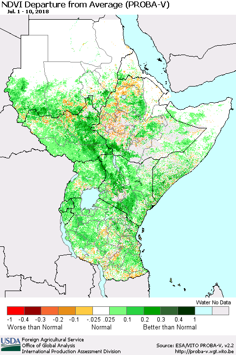 Eastern Africa NDVI Departure from Average (PROBA-V) Thematic Map For 7/1/2018 - 7/10/2018