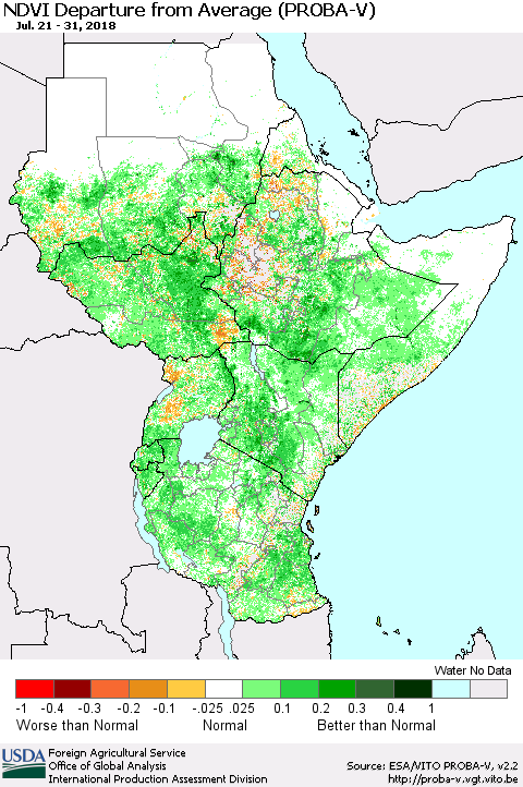 Eastern Africa NDVI Departure from Average (PROBA-V) Thematic Map For 7/21/2018 - 7/31/2018