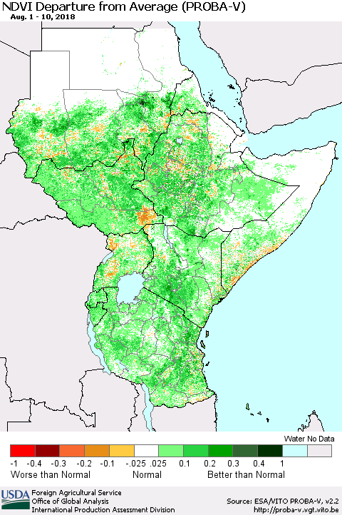 Eastern Africa NDVI Departure from Average (PROBA-V) Thematic Map For 8/1/2018 - 8/10/2018