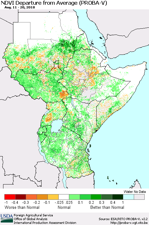Eastern Africa NDVI Departure from Average (PROBA-V) Thematic Map For 8/11/2018 - 8/20/2018