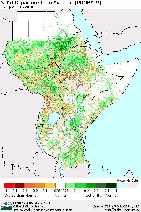 Eastern Africa NDVI Departure from Average (PROBA-V) Thematic Map For 8/21/2018 - 8/31/2018