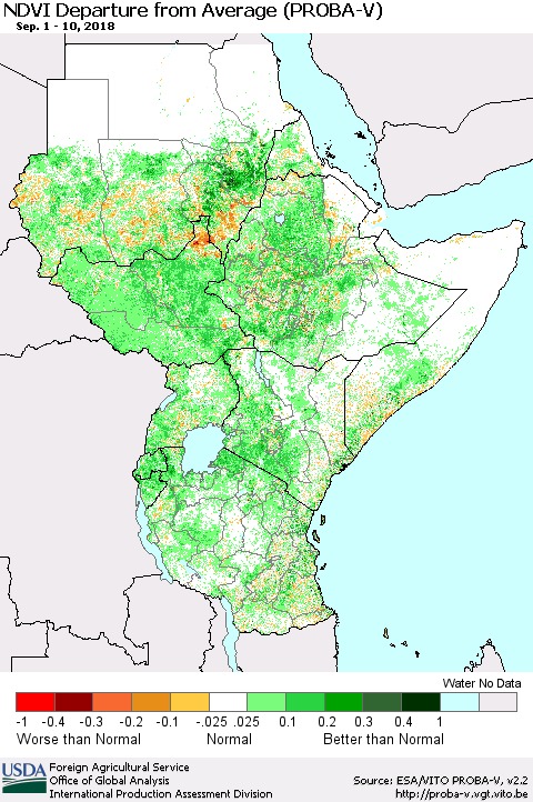 Eastern Africa NDVI Departure from Average (PROBA-V) Thematic Map For 9/1/2018 - 9/10/2018