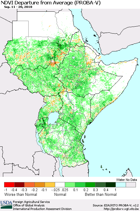 Eastern Africa NDVI Departure from Average (PROBA-V) Thematic Map For 9/11/2018 - 9/20/2018