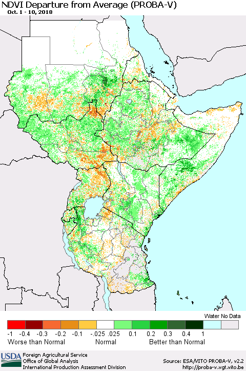 Eastern Africa NDVI Departure from Average (PROBA-V) Thematic Map For 10/1/2018 - 10/10/2018