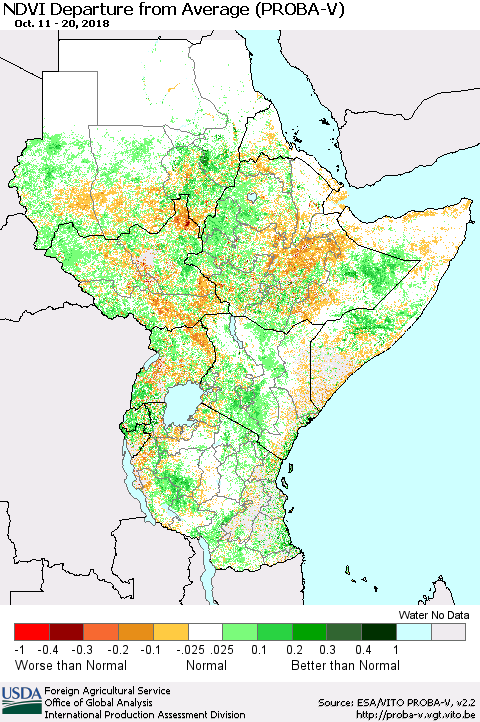 Eastern Africa NDVI Departure from Average (PROBA-V) Thematic Map For 10/11/2018 - 10/20/2018