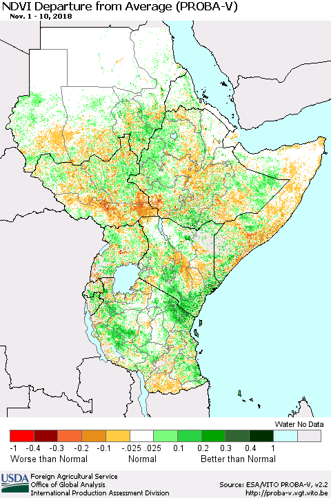 Eastern Africa NDVI Departure from Average (PROBA-V) Thematic Map For 11/1/2018 - 11/10/2018