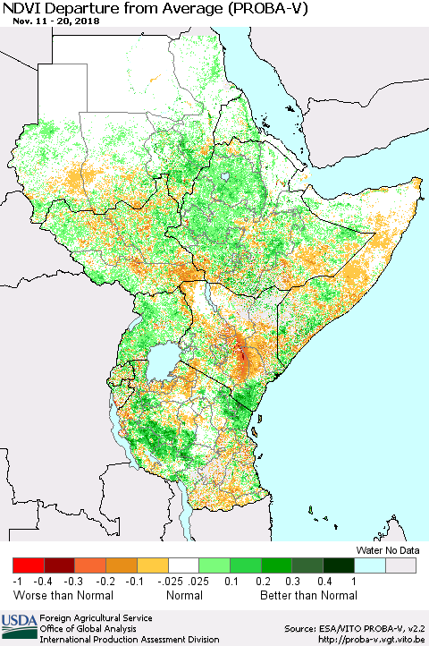 Eastern Africa NDVI Departure from Average (PROBA-V) Thematic Map For 11/11/2018 - 11/20/2018