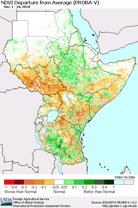 Eastern Africa NDVI Departure from Average (PROBA-V) Thematic Map For 12/1/2018 - 12/10/2018