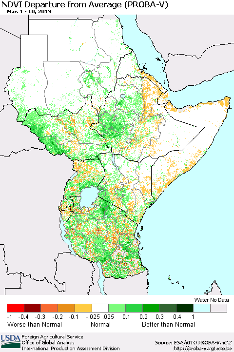 Eastern Africa NDVI Departure from Average (PROBA-V) Thematic Map For 3/1/2019 - 3/10/2019