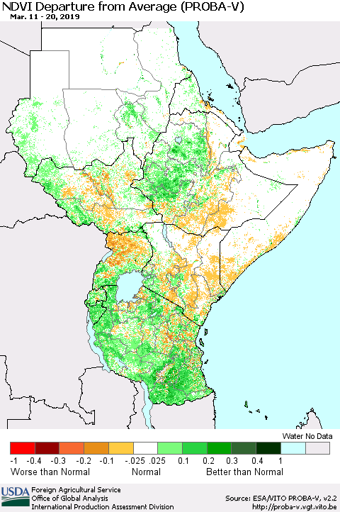 Eastern Africa NDVI Departure from Average (PROBA-V) Thematic Map For 3/11/2019 - 3/20/2019
