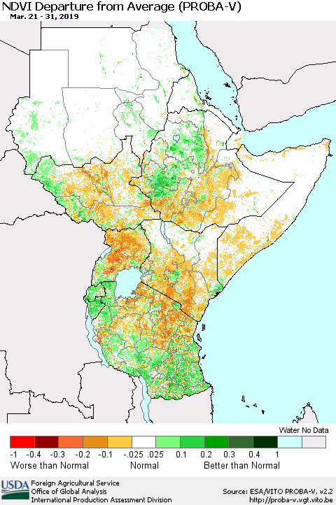 Eastern Africa NDVI Departure from Average (PROBA-V) Thematic Map For 3/21/2019 - 3/31/2019