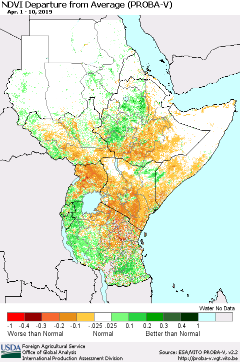 Eastern Africa NDVI Departure from Average (PROBA-V) Thematic Map For 4/1/2019 - 4/10/2019
