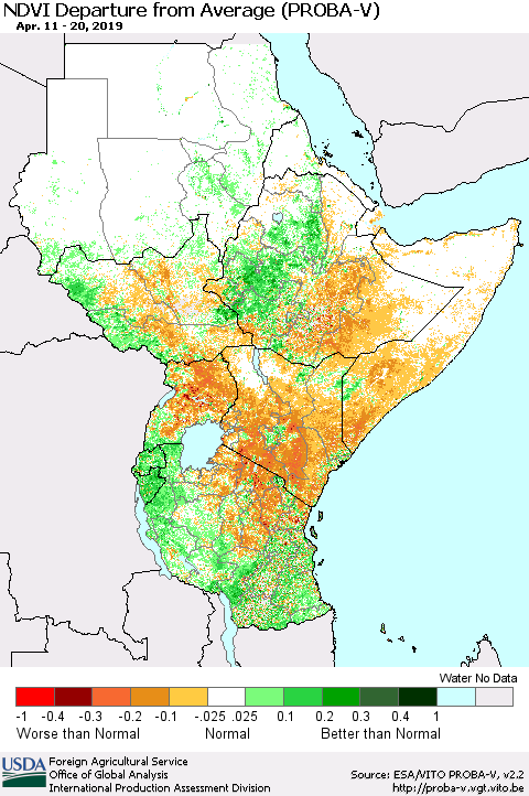 Eastern Africa NDVI Departure from Average (PROBA-V) Thematic Map For 4/11/2019 - 4/20/2019