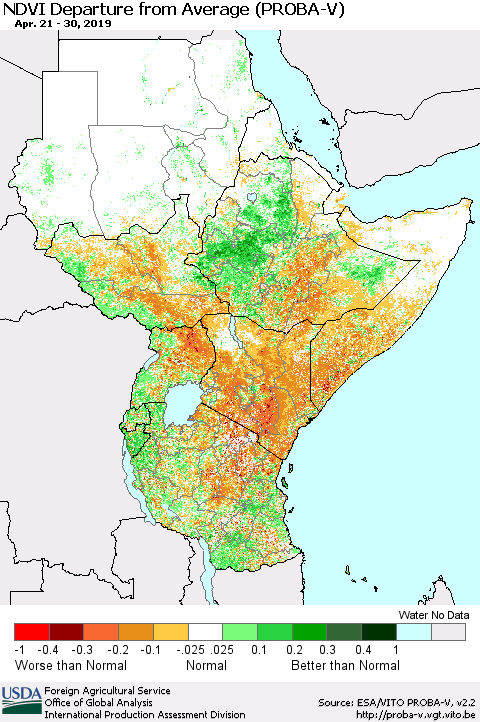Eastern Africa NDVI Departure from Average (PROBA-V) Thematic Map For 4/21/2019 - 4/30/2019