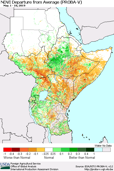 Eastern Africa NDVI Departure from Average (PROBA-V) Thematic Map For 5/1/2019 - 5/10/2019