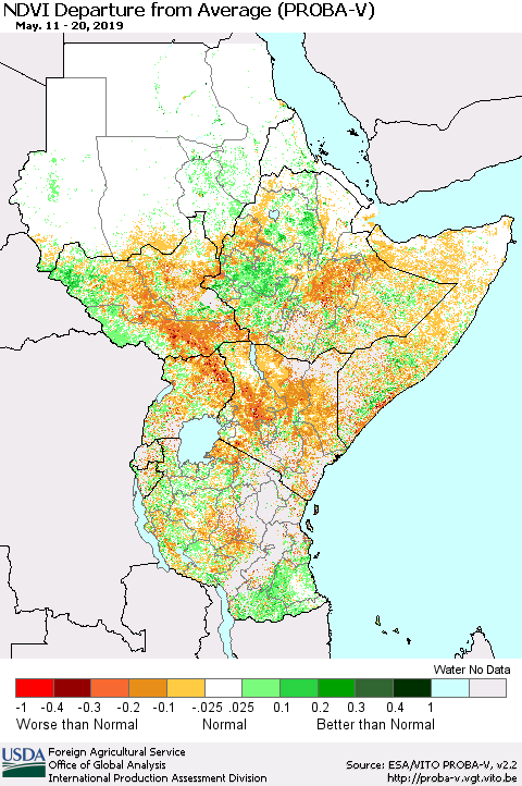 Eastern Africa NDVI Departure from Average (PROBA-V) Thematic Map For 5/11/2019 - 5/20/2019