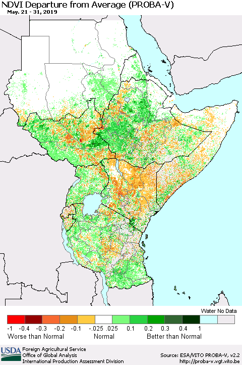 Eastern Africa NDVI Departure from Average (PROBA-V) Thematic Map For 5/21/2019 - 5/31/2019