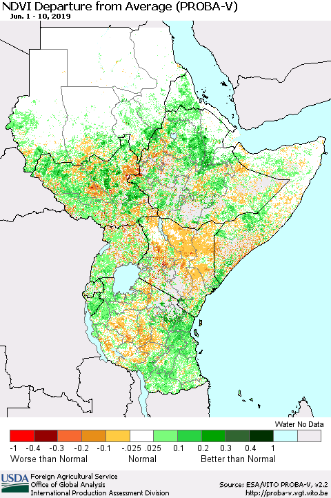 Eastern Africa NDVI Departure from Average (PROBA-V) Thematic Map For 6/1/2019 - 6/10/2019