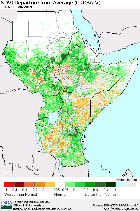 Eastern Africa NDVI Departure from Average (PROBA-V) Thematic Map For 6/11/2019 - 6/20/2019