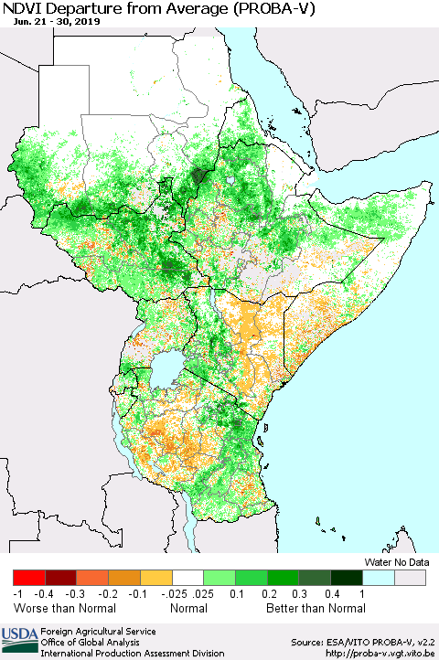 Eastern Africa NDVI Departure from Average (PROBA-V) Thematic Map For 6/21/2019 - 6/30/2019
