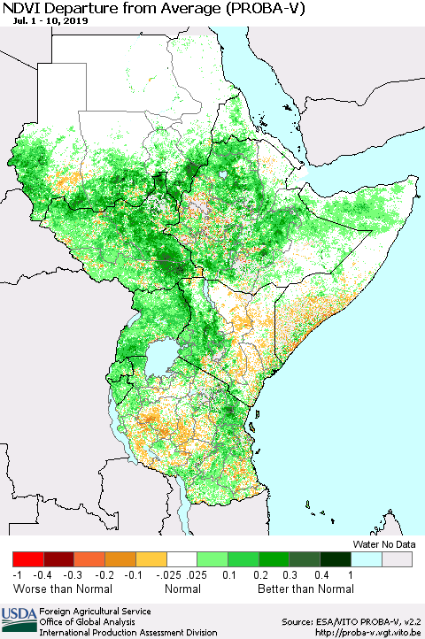 Eastern Africa NDVI Departure from Average (PROBA-V) Thematic Map For 7/1/2019 - 7/10/2019