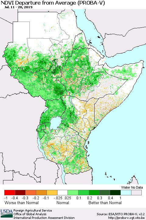 Eastern Africa NDVI Departure from Average (PROBA-V) Thematic Map For 7/11/2019 - 7/20/2019
