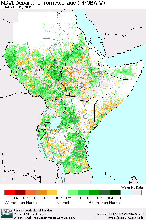 Eastern Africa NDVI Departure from Average (PROBA-V) Thematic Map For 7/21/2019 - 7/31/2019