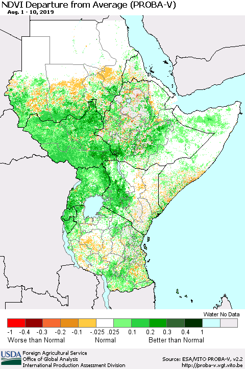 Eastern Africa NDVI Departure from Average (PROBA-V) Thematic Map For 8/1/2019 - 8/10/2019