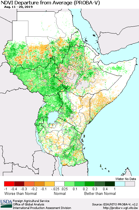 Eastern Africa NDVI Departure from Average (PROBA-V) Thematic Map For 8/11/2019 - 8/20/2019