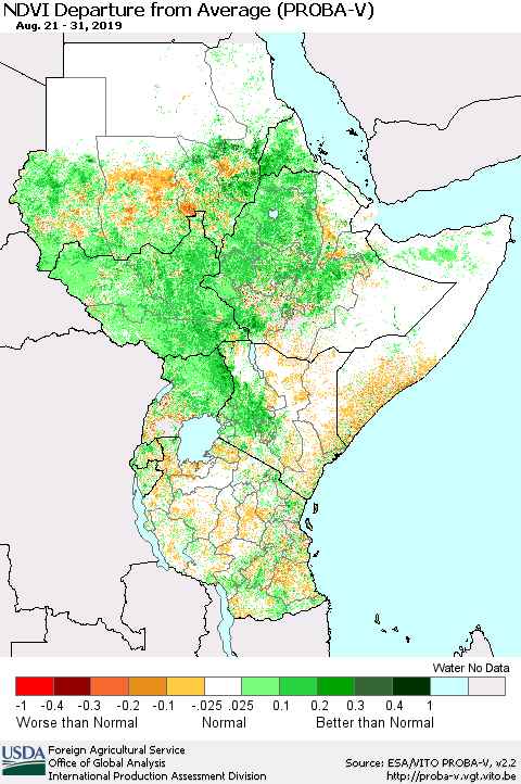 Eastern Africa NDVI Departure from Average (PROBA-V) Thematic Map For 8/21/2019 - 8/31/2019