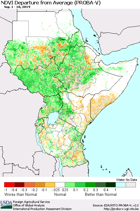 Eastern Africa NDVI Departure from Average (PROBA-V) Thematic Map For 9/1/2019 - 9/10/2019