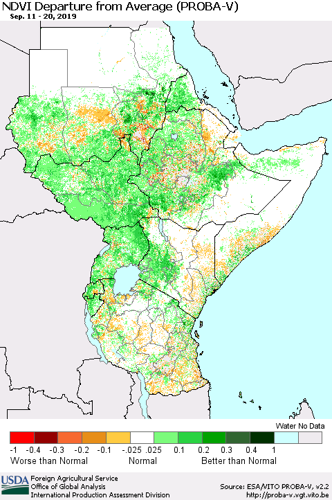 Eastern Africa NDVI Departure from Average (PROBA-V) Thematic Map For 9/11/2019 - 9/20/2019
