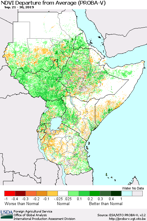 Eastern Africa NDVI Departure from Average (PROBA-V) Thematic Map For 9/21/2019 - 9/30/2019