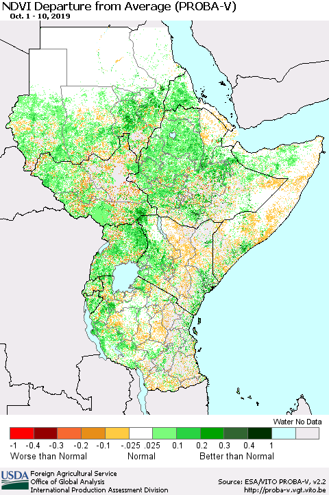 Eastern Africa NDVI Departure from Average (PROBA-V) Thematic Map For 10/1/2019 - 10/10/2019