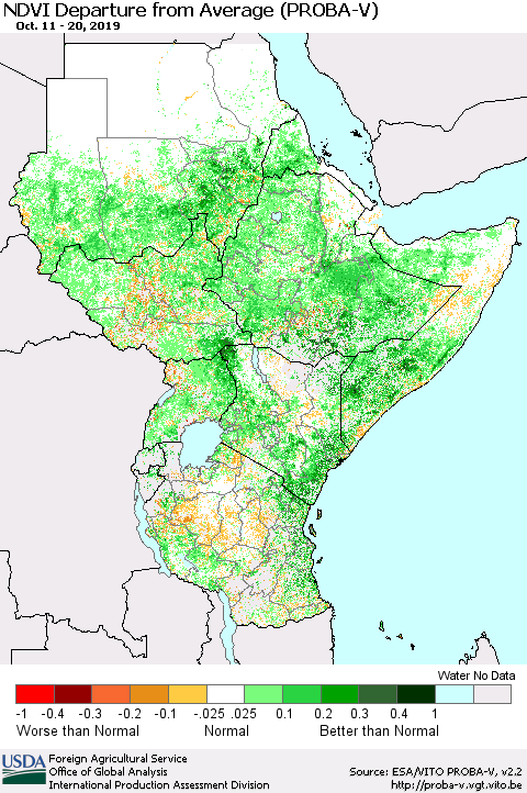 Eastern Africa NDVI Departure from Average (PROBA-V) Thematic Map For 10/11/2019 - 10/20/2019