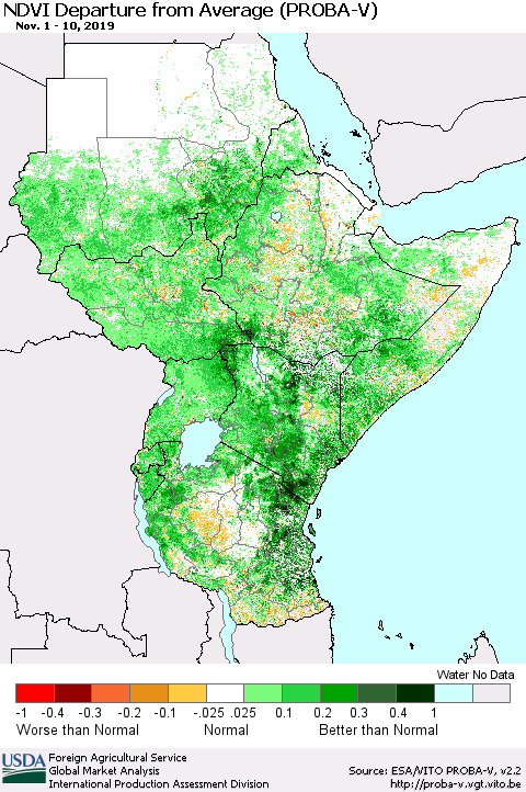 Eastern Africa NDVI Departure from Average (PROBA-V) Thematic Map For 11/1/2019 - 11/10/2019