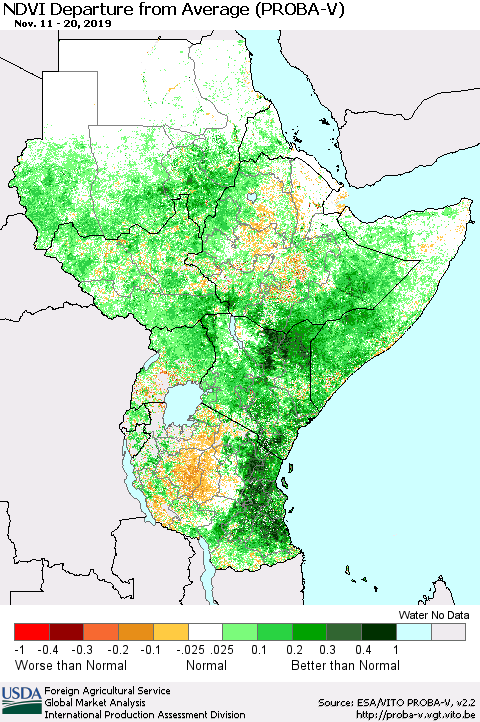 Eastern Africa NDVI Departure from Average (PROBA-V) Thematic Map For 11/11/2019 - 11/20/2019